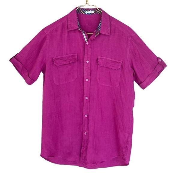 Bugatchi Men’s Shaped Fit Pink Linen Short Sleeve Button Down Shirt - Picture 2 of 9